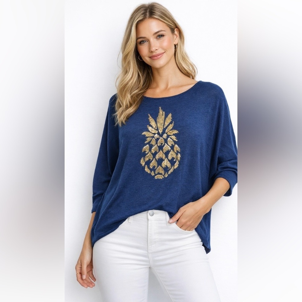 Tommy Bahama Navy Sequin Pineapple Sweater Top Dolman Sleeve‎ Size Small